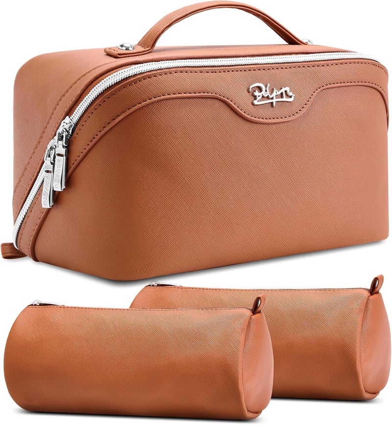 BOYATU Travel Makeup Bag Organizer Cosmetic Bag: 3 Pcs Set Make up Bags for Women with Handle - Waterproof Vegan Leather Toiletry Bags Travel Essentials Pouch with Compartments (C-02-Brown) - Image 1